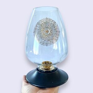 Geni Pyrex Vintage Mid Century Hurricane Candle Holder Gold Medallion 8.5”